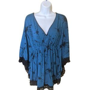 Blue Printed Tunic Top w Lace Size Large